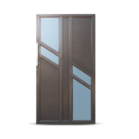 Modern brown Aluminium Tree Top Door with distinctive diagonal and rectangular glass panels and a silver handle.