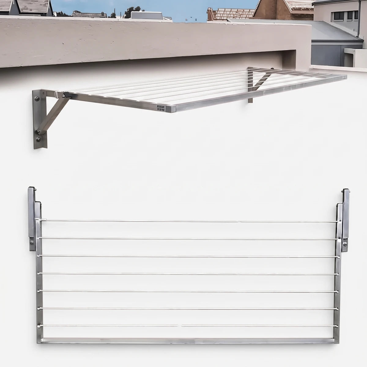 Aluminium wall-mounted washing line with multiple lines for drying clothes, shown in an outdoor setting.