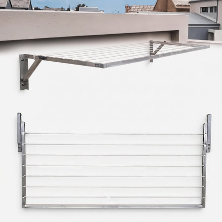 Aluminium wall-mounted washing line with multiple lines for drying clothes, shown in an outdoor setting.