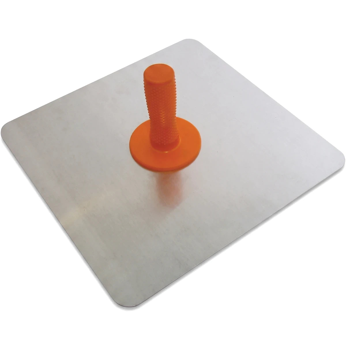 Metallic silver aluminum DIY hawk with a bright orange ribbed handle, viewed from an angle, a square-based construction tool.