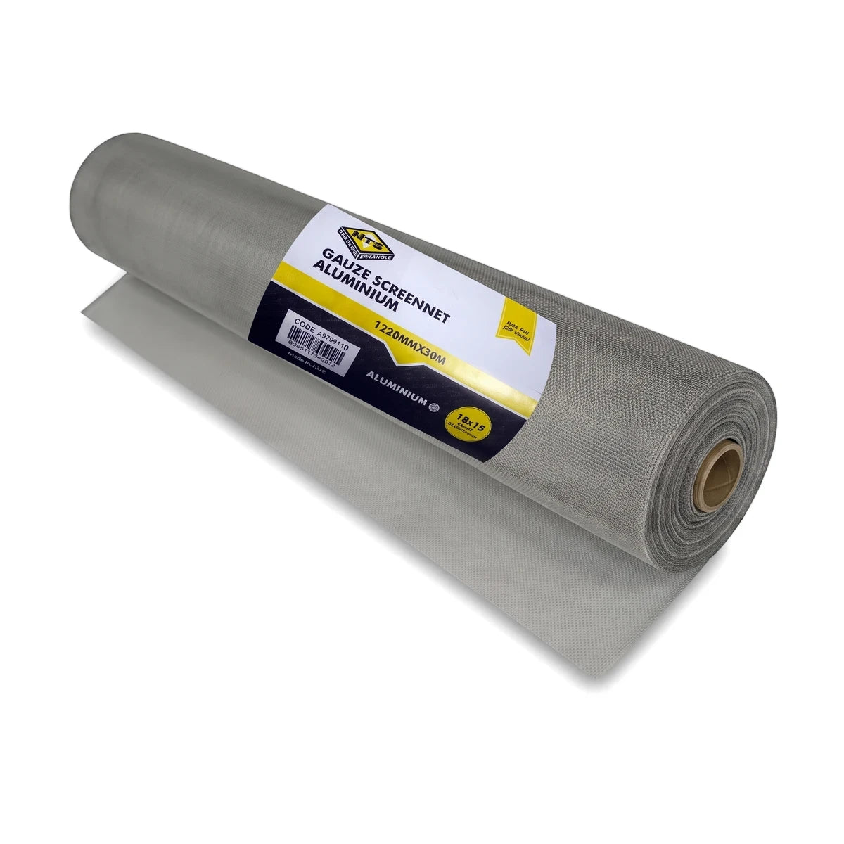 Rolled gray aluminum gauze screennet with product label displaying dimensions, material, and code.