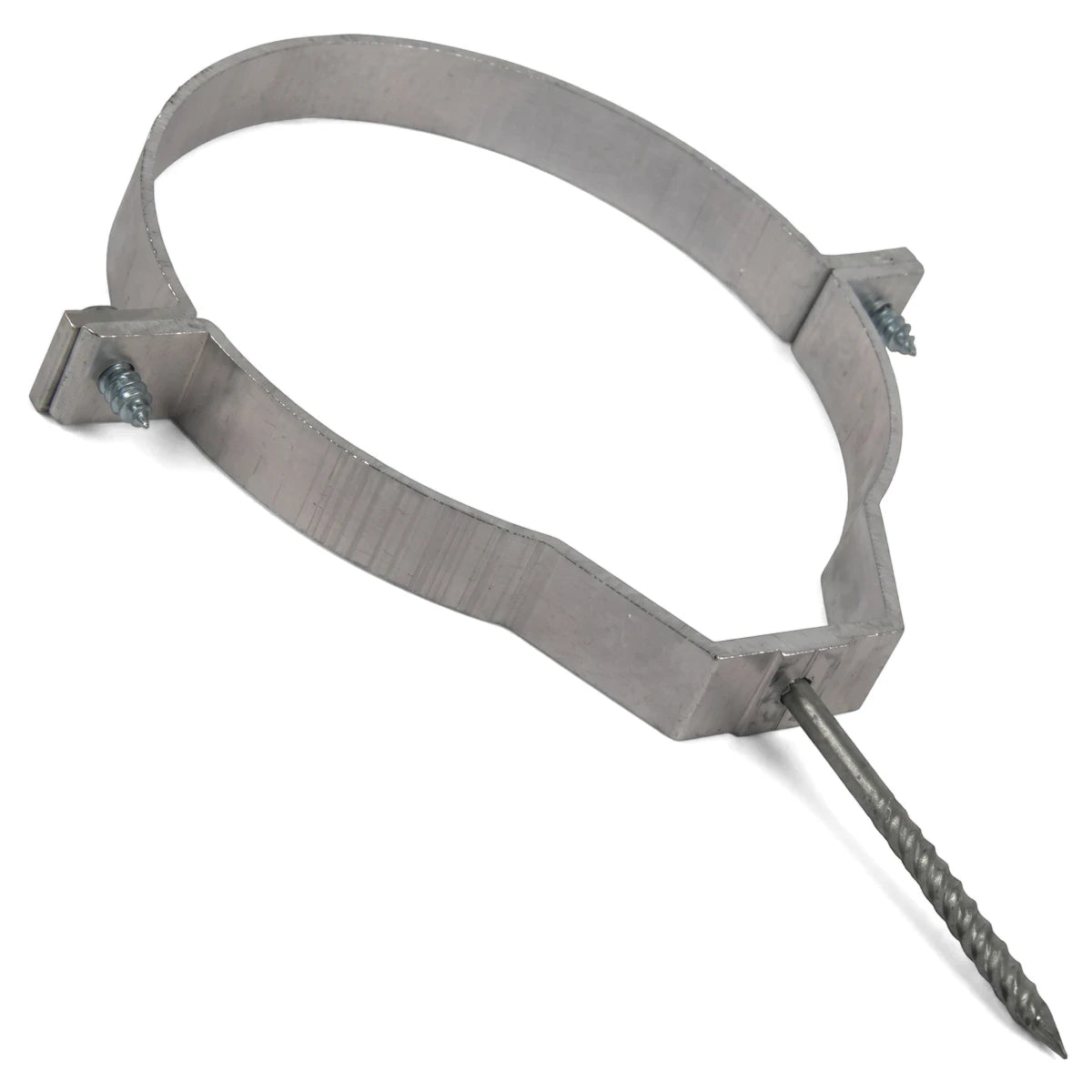 110mm silver aluminum holderbat bracket for pipes or conduits, featuring two screws and a long mounting spike.