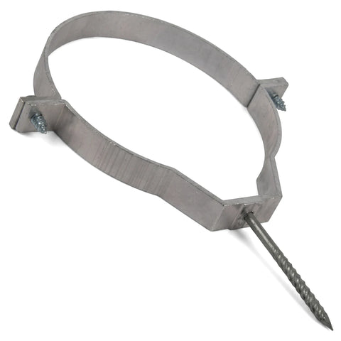 110mm silver aluminum holderbat bracket for pipes or conduits, featuring two screws and a long mounting spike.