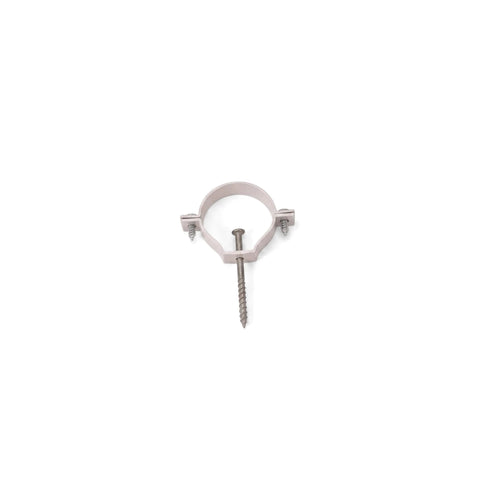 50mm Aluminum Holderbat Bracket in white, shown with mounting screw, for securing pipes or conduits.