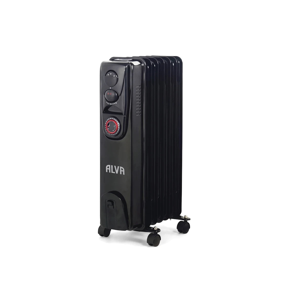 Black Alva 11 Fin 2500W oil heater with timer and caster wheels, shown upright from a slight angle.