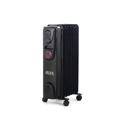 Black Alva 11 Fin 2500W oil heater with timer and caster wheels, shown upright from a slight angle.