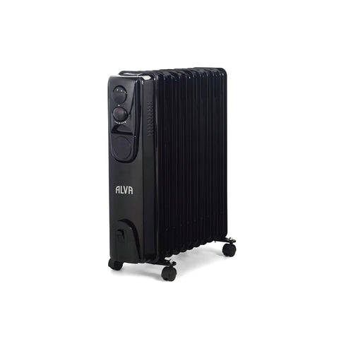 Alva 11 Fin 2500W Oil Heater, black, freestanding with caster wheels, viewed from a slight angle.