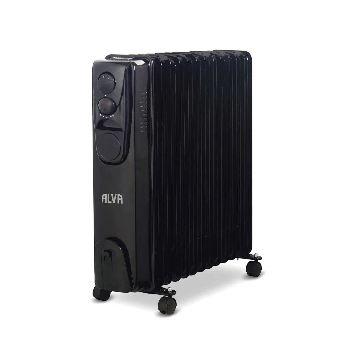 Alva 13 Fin 2500W Oil Heater in black, viewed from the front-left angle with control panel and wheels.