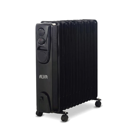 Alva 13 Fin 2500W Oil Heater in black, viewed from the front-left angle with control panel and wheels.