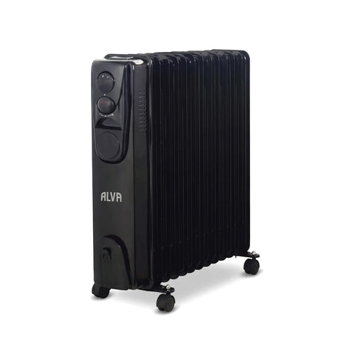 Alva 13 Fin 2500W Oil Heater in black, viewed from the front-left angle with control panel and wheels.