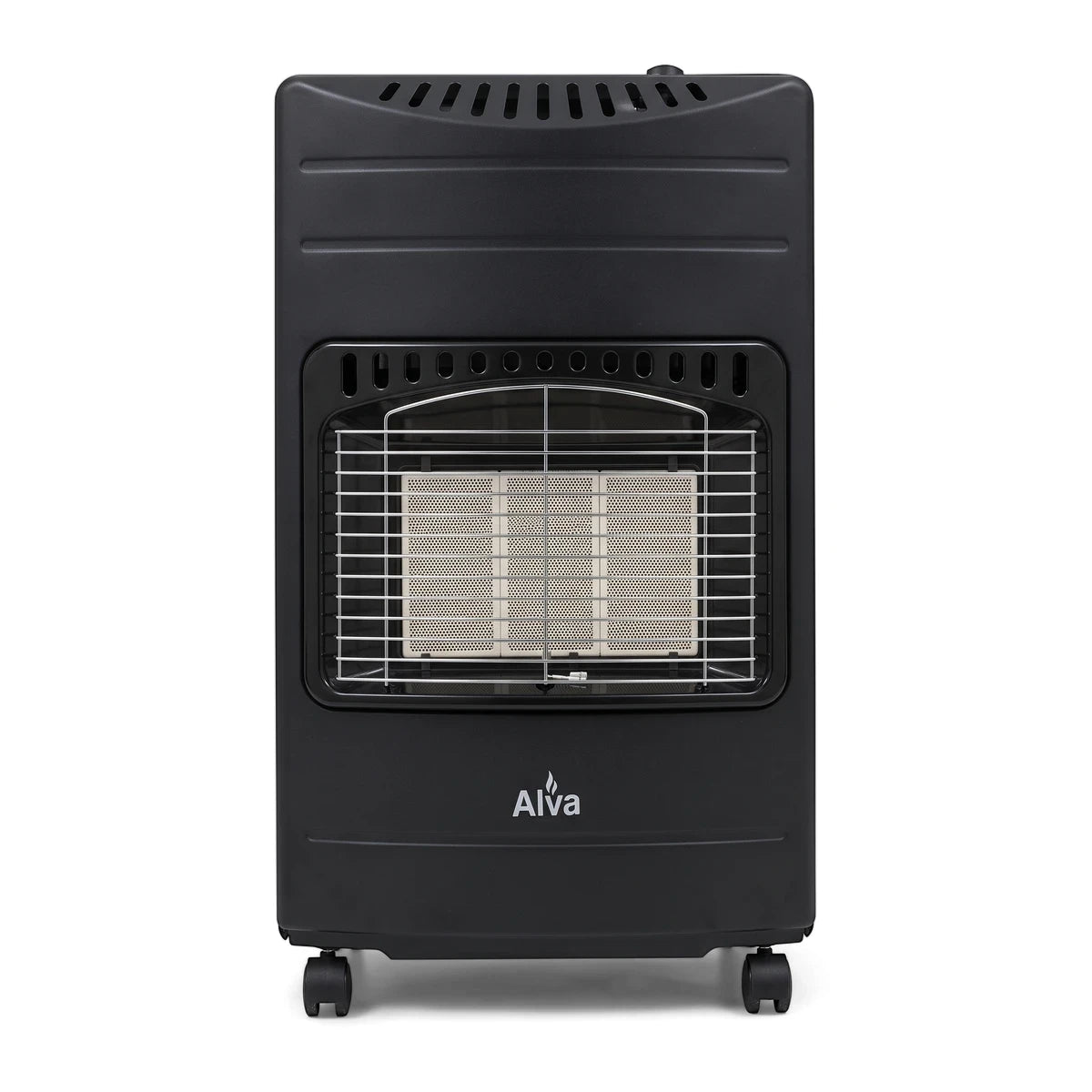 Black Alva 3 Panel Large Gas Heater, portable with wheels, shown from the front on a plain background.