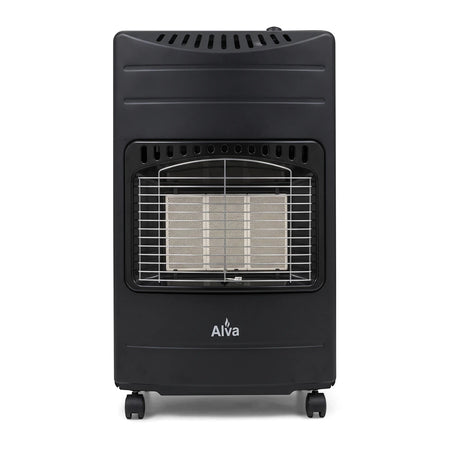 Black Alva 3 Panel Large Gas Heater, portable with wheels, shown from the front on a plain background.