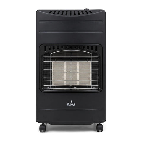 Black Alva 3 Panel Large Gas Heater, portable with wheels, shown from the front on a plain background.