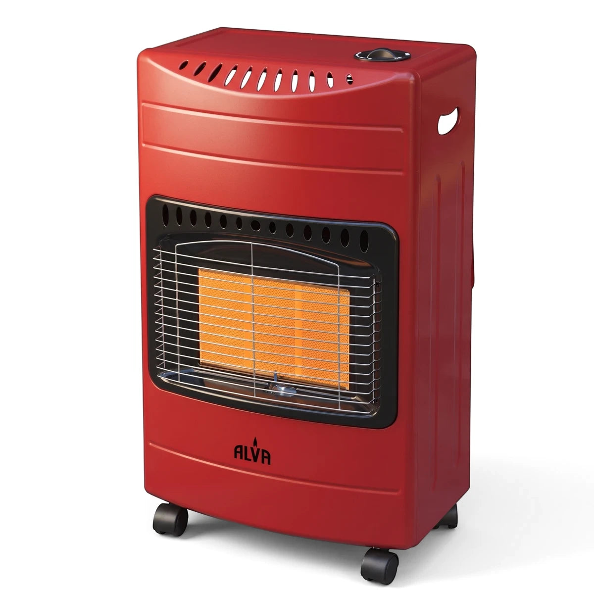 Red Alva 3 Panel Luxurious Infrared Radiant Heater on wheels, featuring a black front panel with visible orange radiant