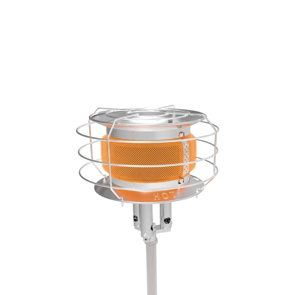 Alva 360 Cylinder Top Heater with an orange heating element, silver protective cage, and stem, detailed with specifications.