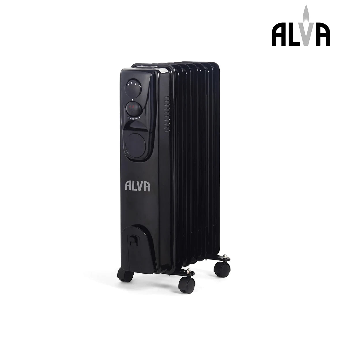 Black Alva 7 Fin 1500W oil heater, a portable electric radiator with control dials and wheels, displayed with product