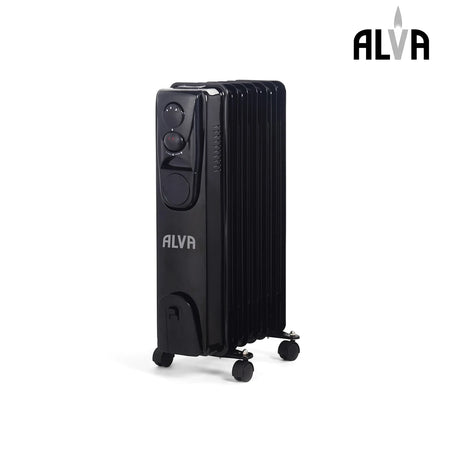 Black Alva 7 Fin 1500W oil heater, a portable electric radiator with control dials and wheels, displayed with product