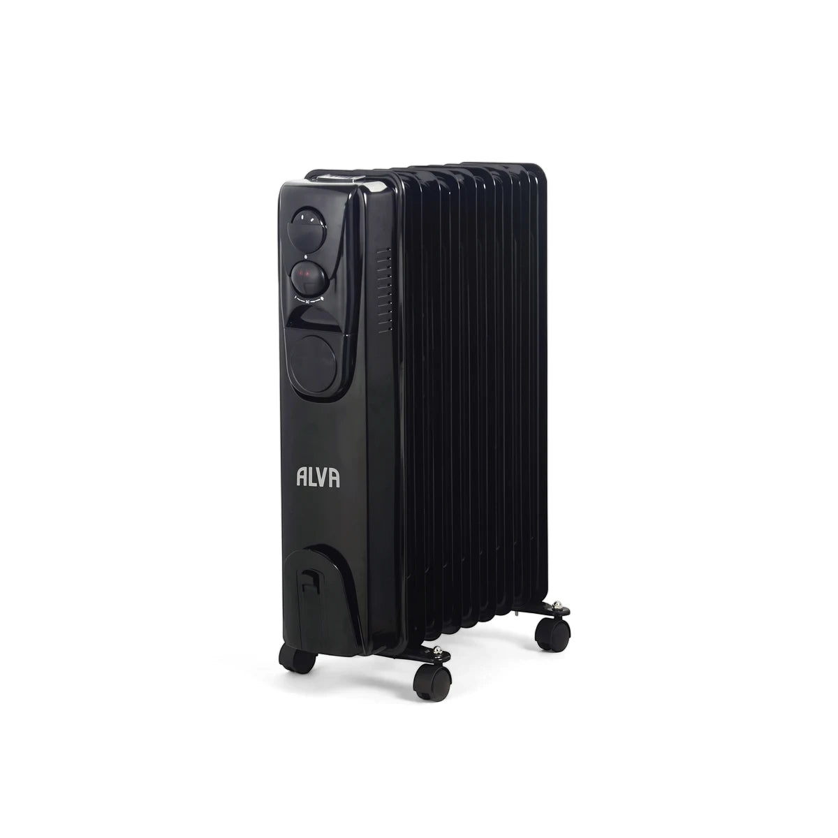 Black Alva 9 Fin 2000W Oil Heater with portable caster wheels and adjustable controls, displayed upright.
