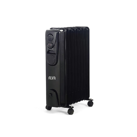 Black Alva 9 Fin 2000W Oil Heater with portable caster wheels and adjustable controls, displayed upright.