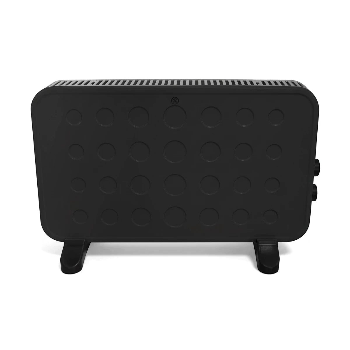 Black Alva Electric Convection Heater, a rectangular portable heating unit with textured front panel and two support feet,
