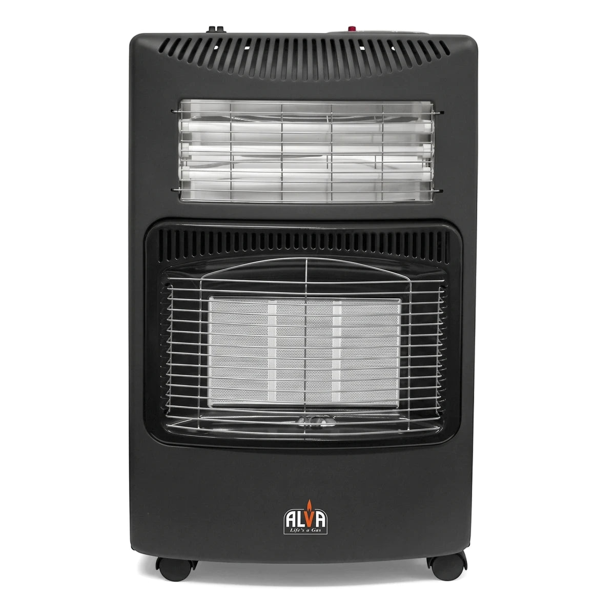 Black Alva gas/electric heater on wheels, featuring two heating grates, for efficient indoor warming.