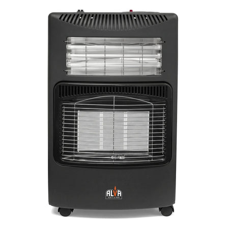 Black Alva gas/electric heater on wheels, featuring two heating grates, for efficient indoor warming.