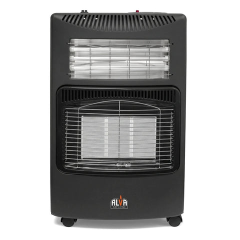 Black Alva gas/electric heater on wheels, featuring two heating grates, for efficient indoor warming.