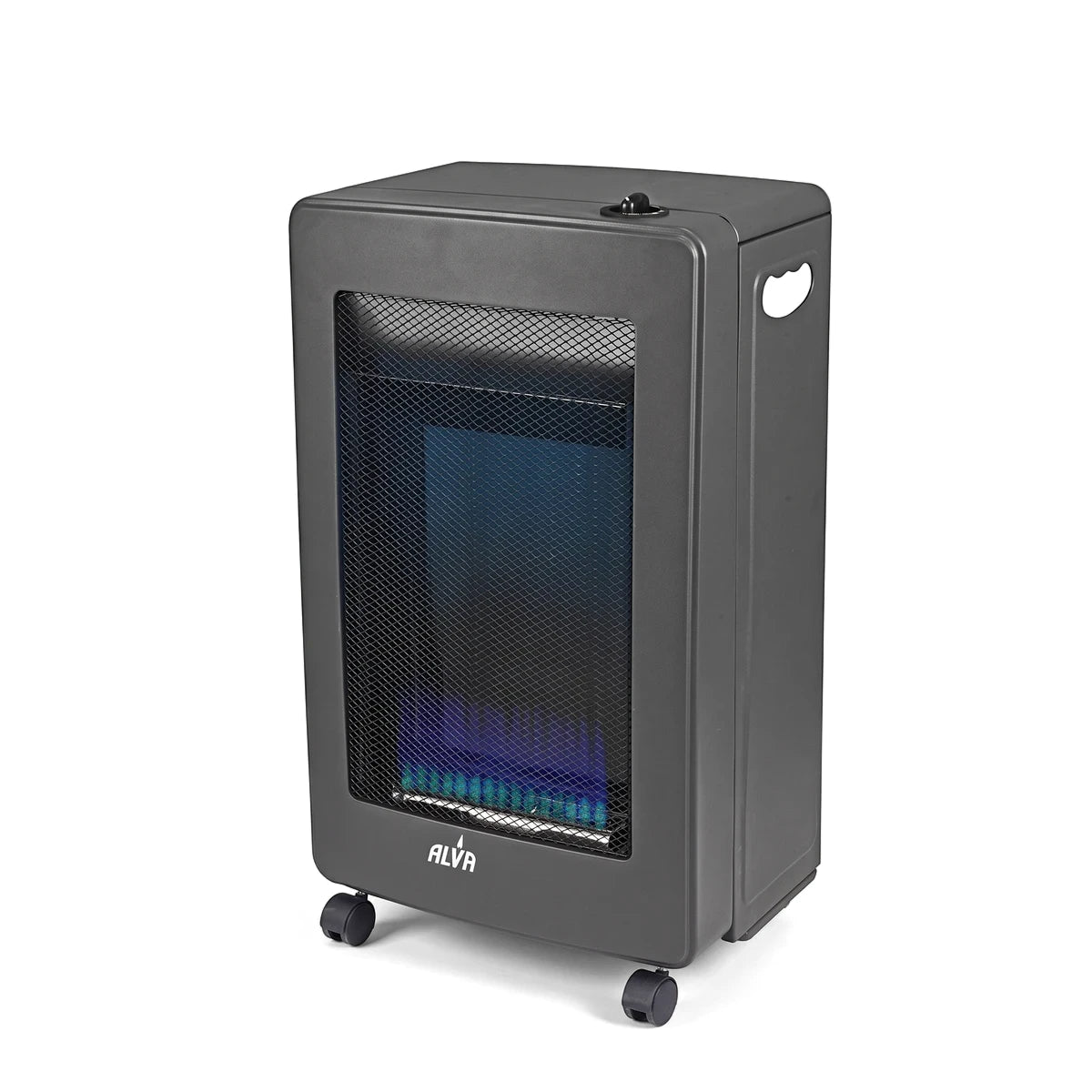 Black Alva Blue Flame Gas Heater, front-angled view, with glowing blue flames visible through a mesh screen.