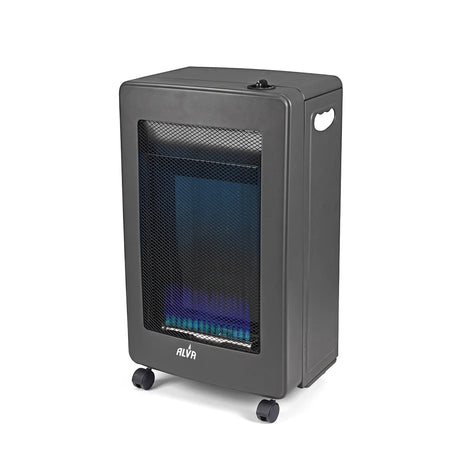 Black Alva Blue Flame Gas Heater, front-angled view, with glowing blue flames visible through a mesh screen.