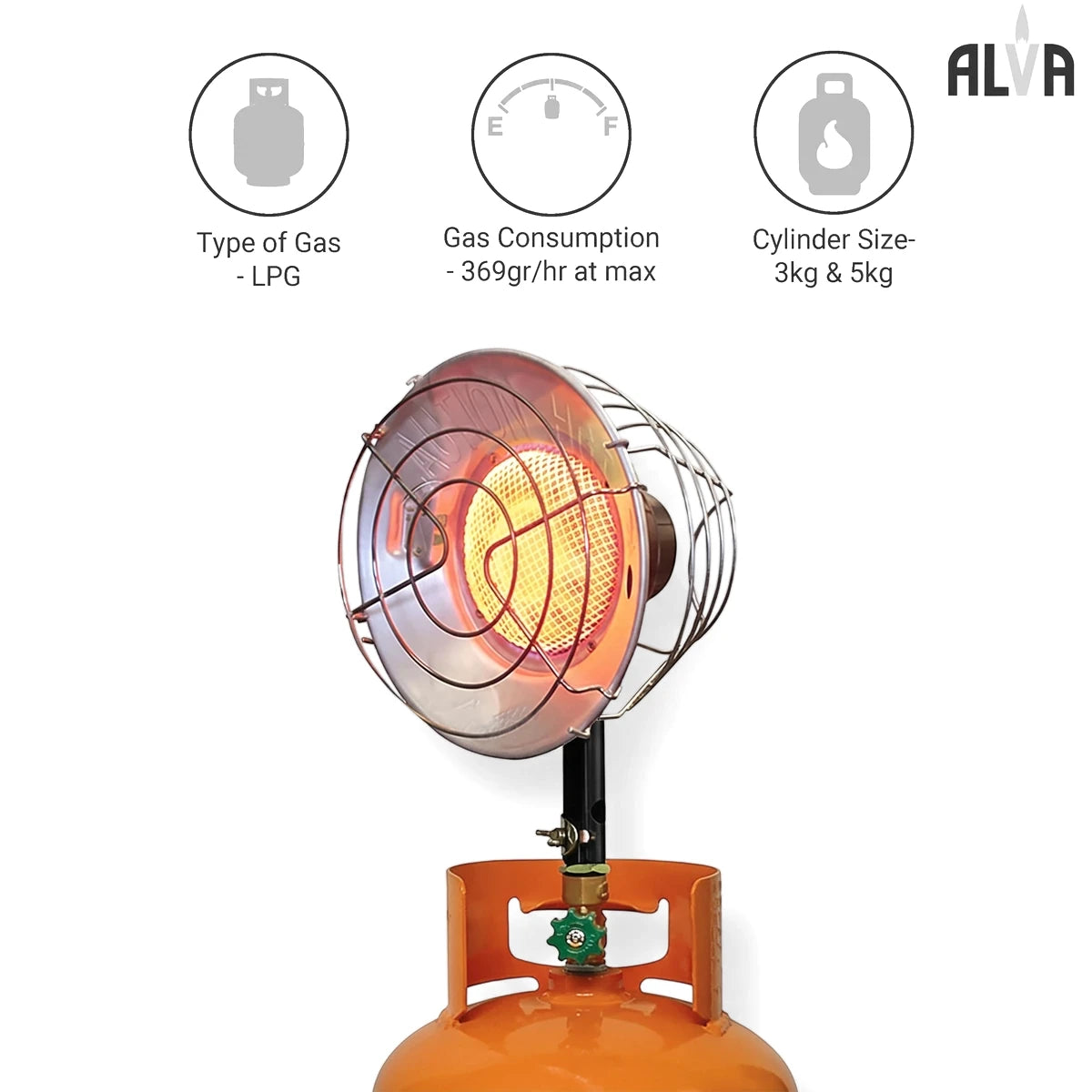 Alva Cylinder Top Heater with a glowing element, mounted on an orange LPG gas cylinder, designed for compact heating.