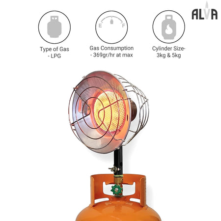 Alva Cylinder Top Heater with a glowing element, mounted on an orange LPG gas cylinder, designed for compact heating.