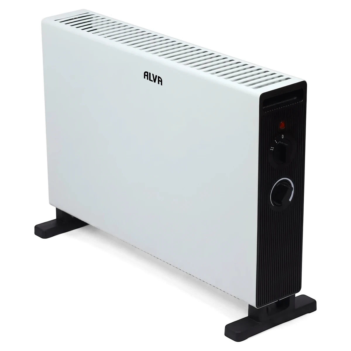 White Alva Electric Convection Heater with a black ribbed control panel and base feet, viewed from a slight angle.