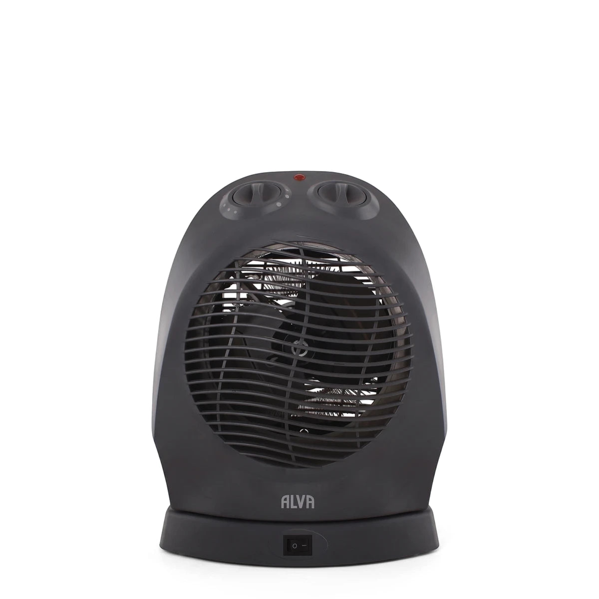 A black Alva Electric Fan Heater, 1000/2000W, viewed from the front. It features two control dials on top and a visible