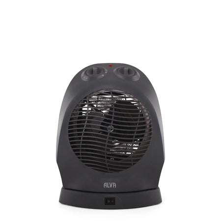 A black Alva Electric Fan Heater, 1000/2000W, viewed from the front. It features two control dials on top and a visible