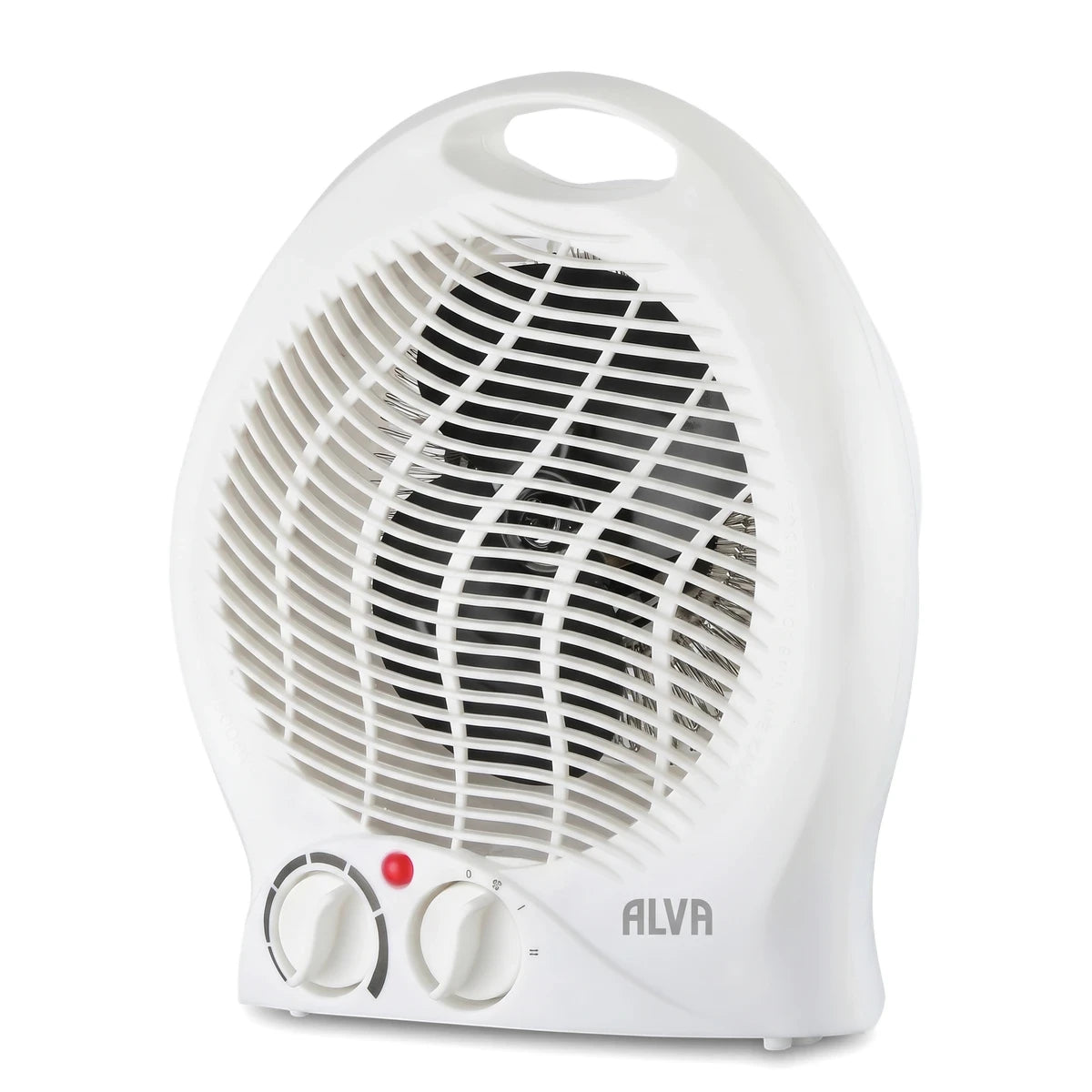 Alva Electric Fan Heater in white, 1000/2000W with control knobs and protective grille for space heating.