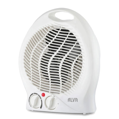Alva Electric Fan Heater in white, 1000/2000W with control knobs and protective grille for space heating.