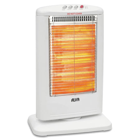 White Alva Electric Halogen Heater 1200W, a tall rectangular unit with a glowing orange grill, standing upright on its base.