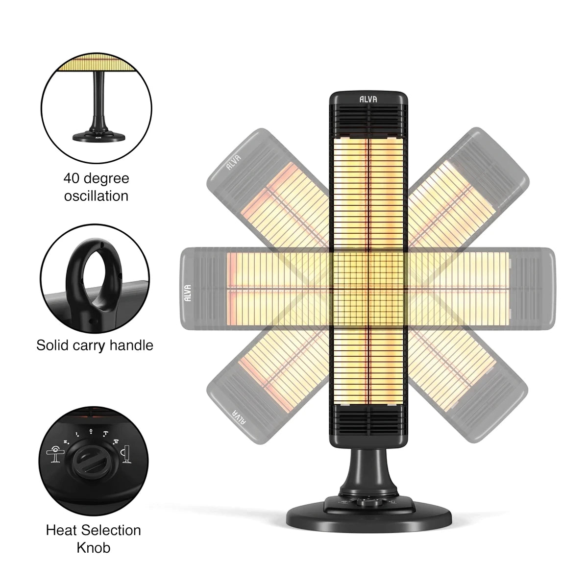 Alva Electric Infrared Heater- Carbon, black, shown vertically with a ghosted horizontal view, highlighting its versatile