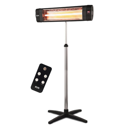 Alva Electric Infrared Heater with telescopic stand and remote control, black finish, providing powerful warmth.