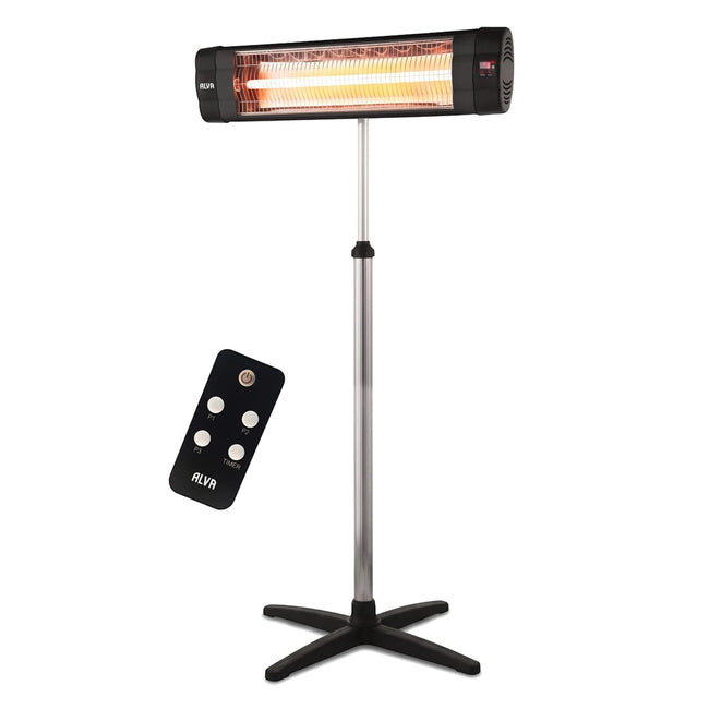 Alva Electric Infrared Heater with telescopic stand and remote control, black finish, providing powerful warmth.