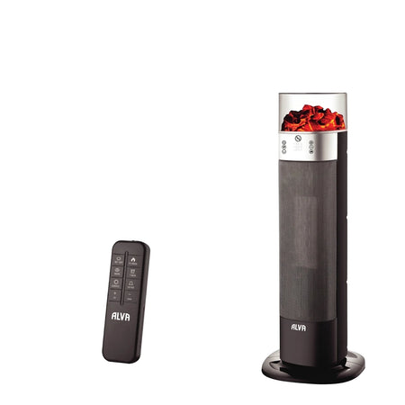 Alva Electric Mini Tower Heater and remote control, a black and silver compact unit with a fireplace replica effect.
