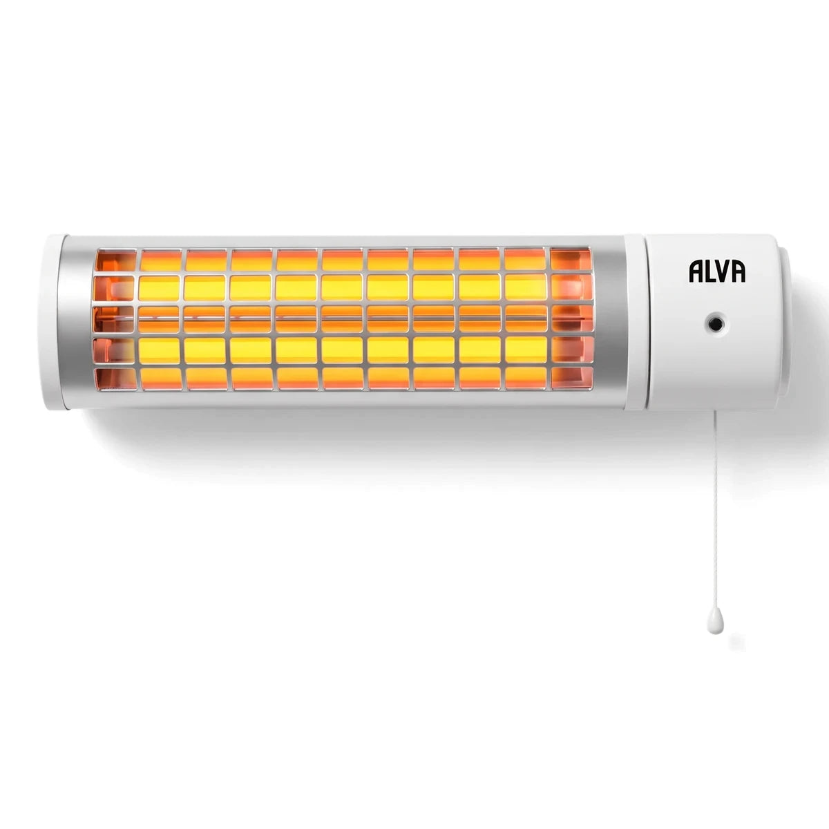 Alva white and silver electric quartz bathroom heater with a glowing orange element and pull cord, designed for wall