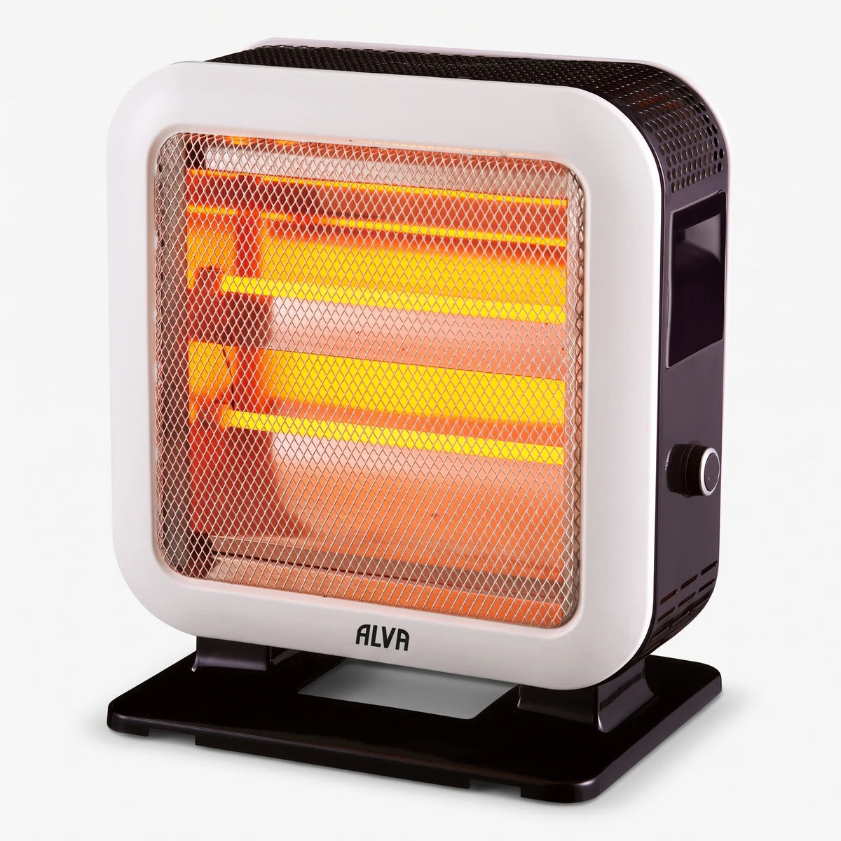 White and black Alva Electric Quartz Heater 1600W, featuring glowing orange quartz elements visible through a protective