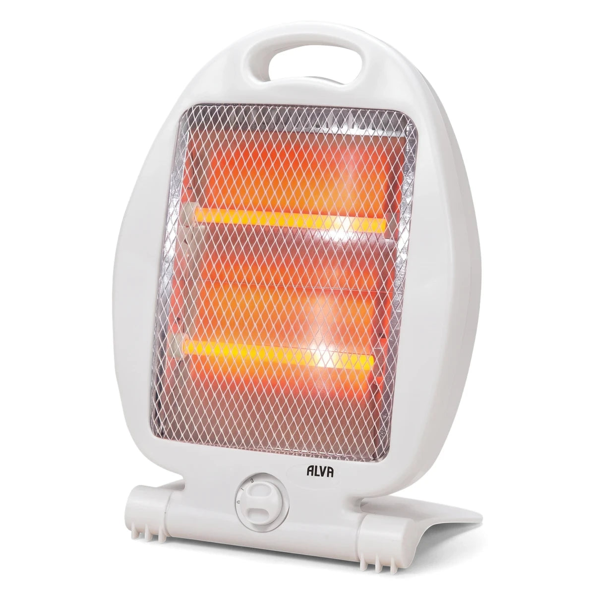 White Alva Electric Quartz Heater 800W with a metal grill and visible glowing quartz heating elements.