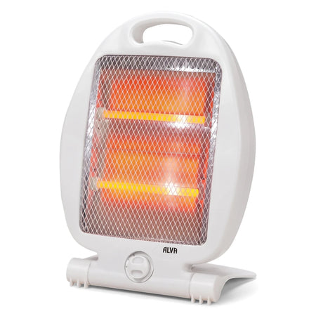 White Alva Electric Quartz Heater 800W with a metal grill and visible glowing quartz heating elements.