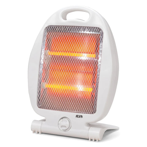 White Alva Electric Quartz Heater 800W with a metal grill and visible glowing quartz heating elements.