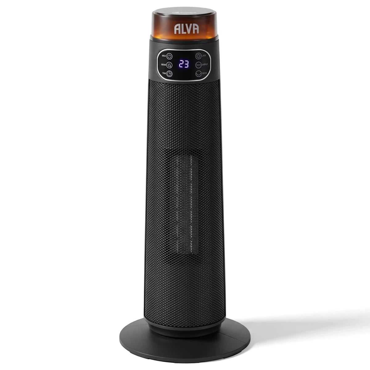 Black Alva Electric Tower Fan Heater with an orange top and a digital display showing '23', standing upright.
