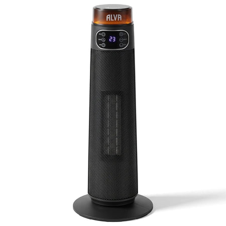 Black Alva Electric Tower Fan Heater with an orange top and a digital display showing '23', standing upright.