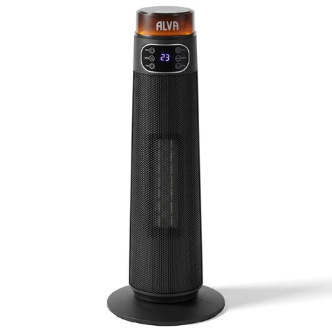 Black Alva Electric Tower Fan Heater with an orange top and a digital display showing '23', standing upright.