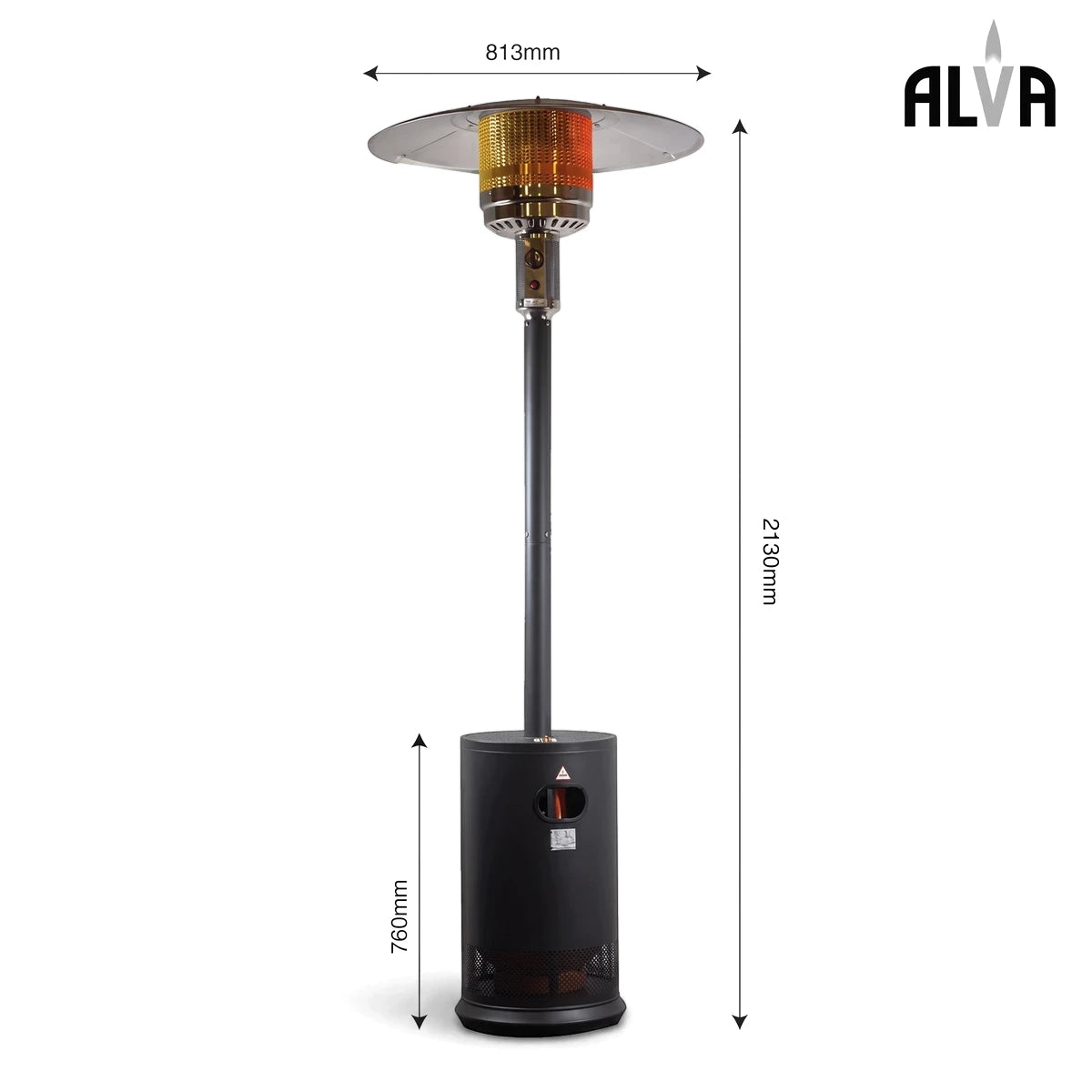 Alva Flat Top Cabinet Traditional Gas Patio Heater in black, a freestanding outdoor heater with a tall design and wide heat